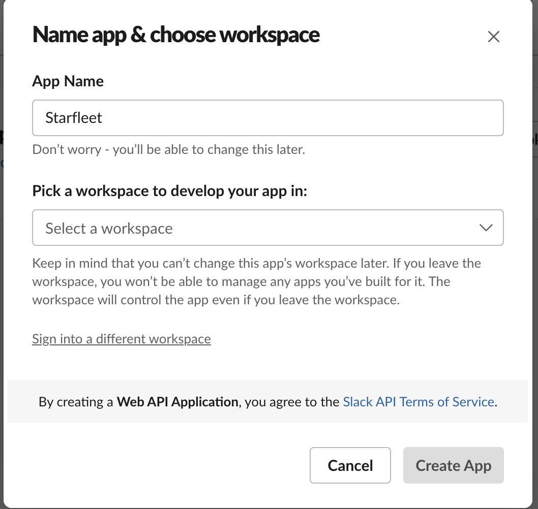 Slack app name and workspace select